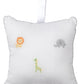 The Kissy Kissy Safari Wild Musical Pillow with Tulle Bag is a white square pillow crafted from soft Pima cotton, embroidered with a lion, elephant, and giraffe—a charming baby gift. Includes a white hanging loop at the top.