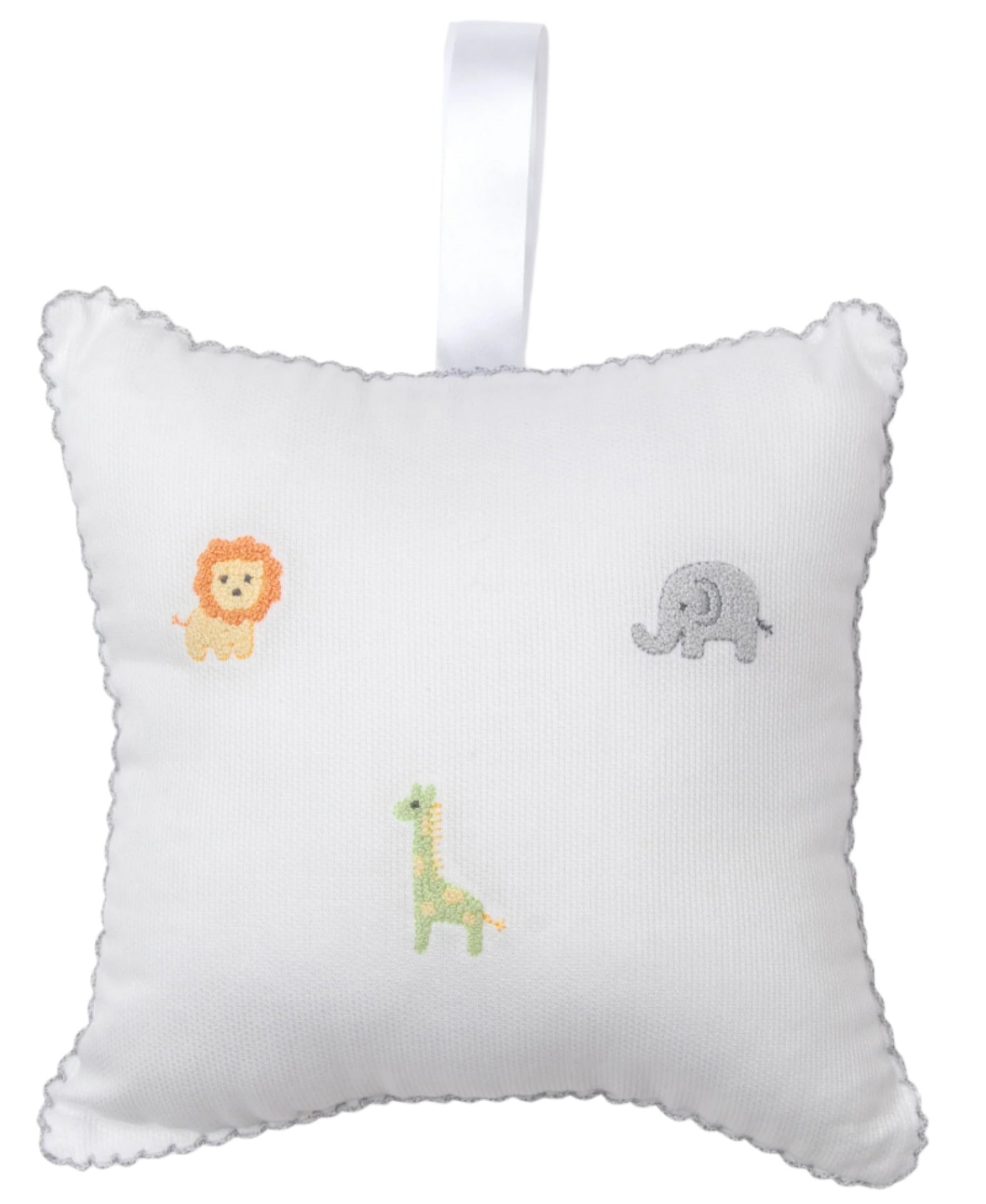 The Kissy Kissy Safari Wild Musical Pillow with Tulle Bag is a white square pillow crafted from soft Pima cotton, embroidered with a lion, elephant, and giraffe—a charming baby gift. Includes a white hanging loop at the top.