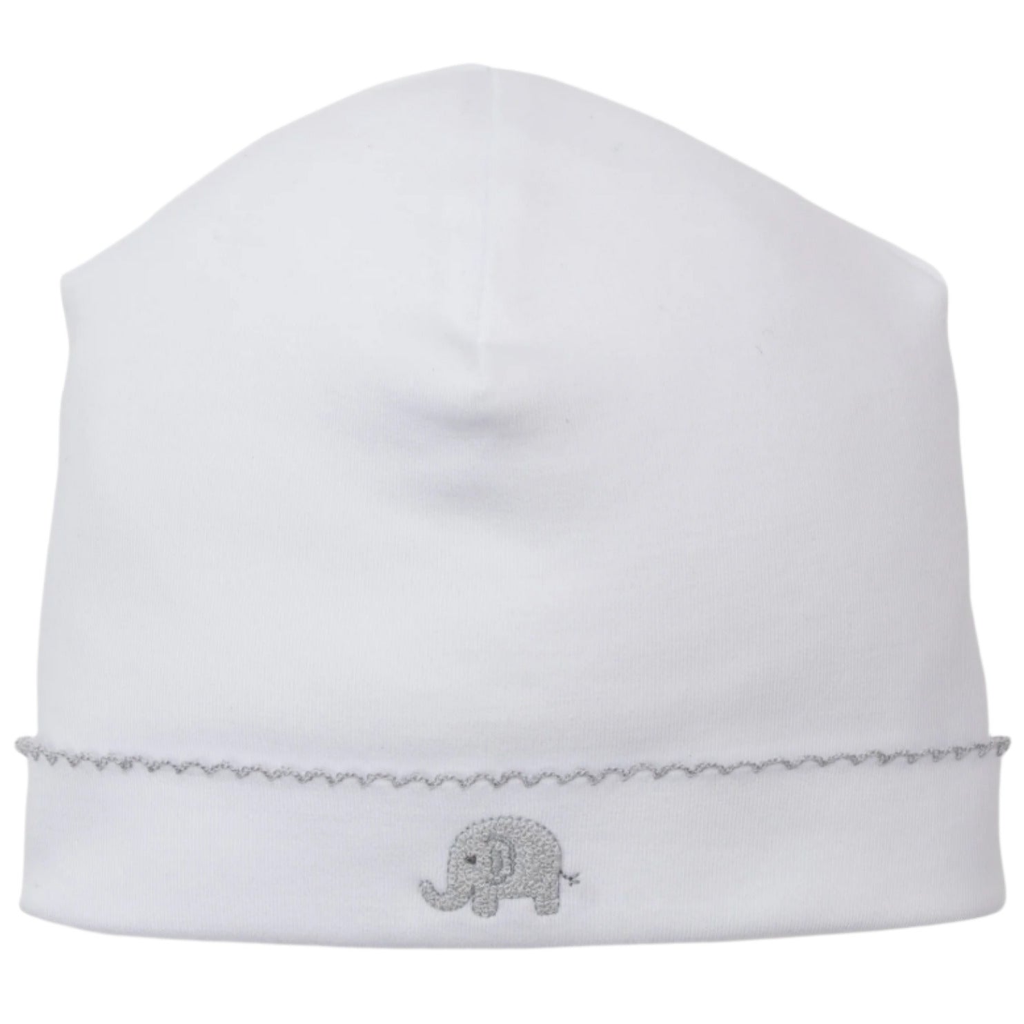The Kissy Kissy Safari Wild Hand Emb. Hat is made from soft Peruvian cotton and features a hand-embroidered gray elephant with a scalloped gray trim along the edge.