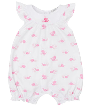 The Kissy Kissy Baby Girls' Whale Wonder SS Pink Printed Playsuit features short ruffled sleeves, elastic leg openings, and adorable pink whale prints.