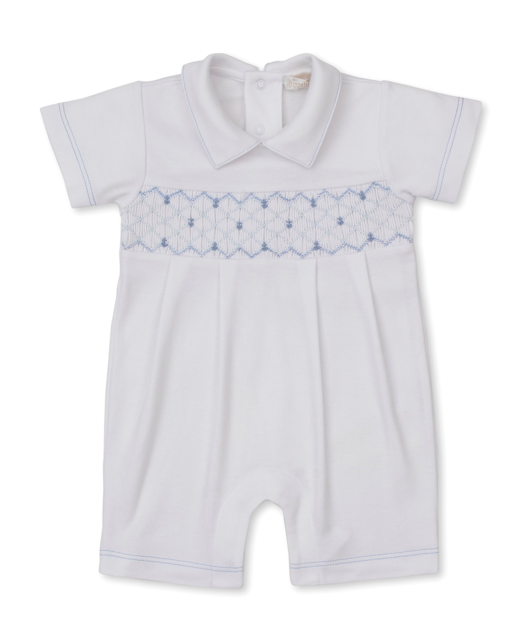 The Kissy Kissy Baby Boys’ Short Playsuit features short sleeves, a collar, and delicate blue smocking detail across the chest. Crafted from soft Pima cotton for superior comfort, this hand-smocked romper is displayed against a plain white background.