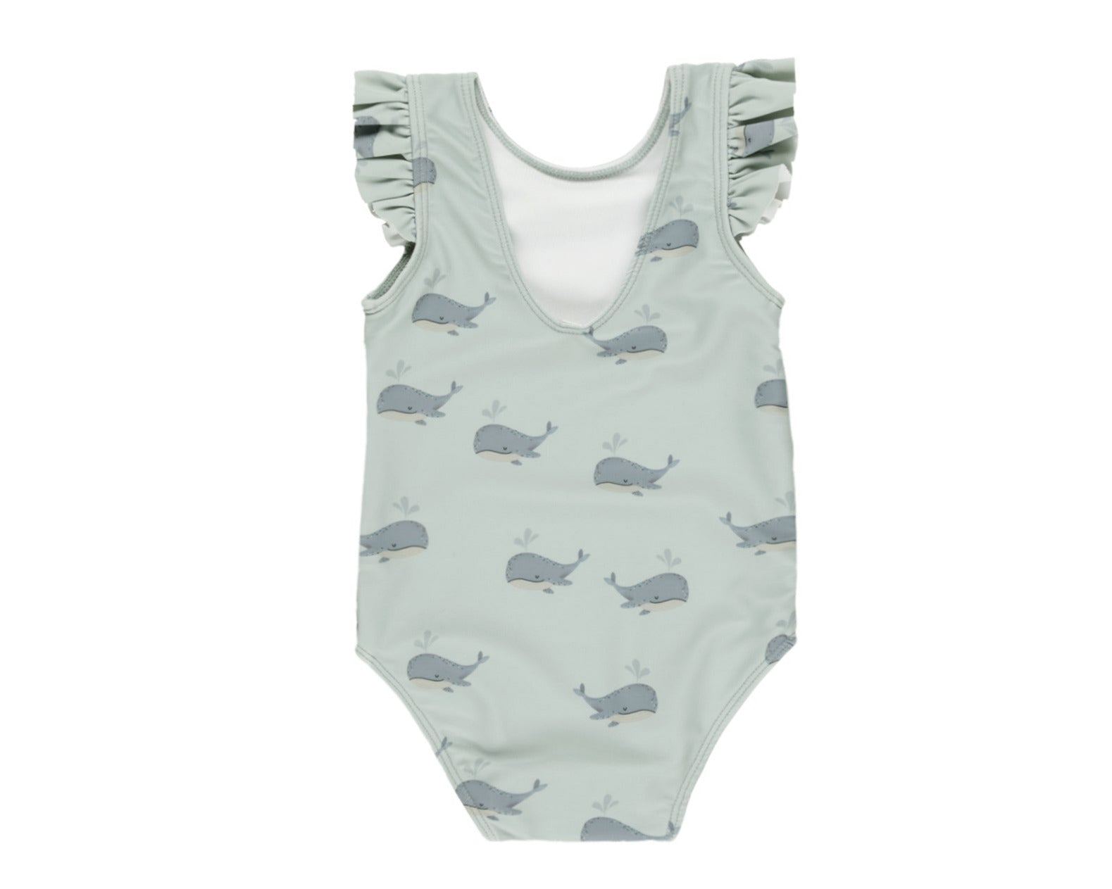 The Rylee & Cru Baby Girls' & Girls' Scoop Back Onepiece is a light green swimsuit with ruffled sleeves, a playful blue whale pattern, and UPF 50+ sun protection.