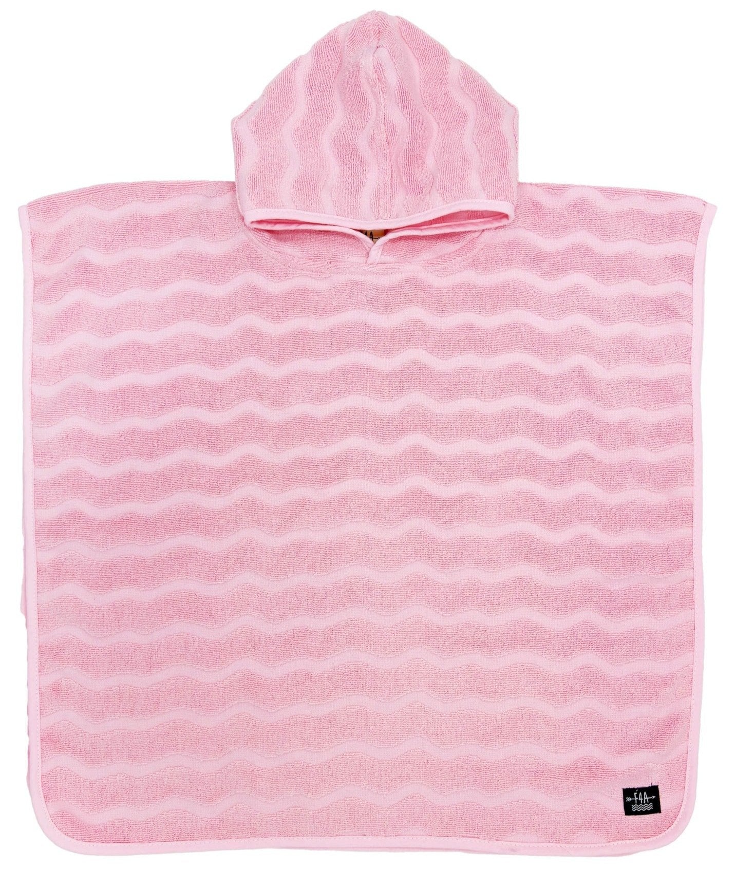 The Feather 4 Arrow El Ray Poncho by Feather 4 Arrow is a pink hooded poncho towel with a wavy pattern, crafted from soft terry cloth, making it the perfect stylish companion for beach days.