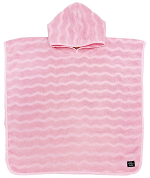 The Feather 4 Arrow El Ray Poncho by Feather 4 Arrow is a pink hooded poncho towel with a wavy pattern, crafted from soft terry cloth, making it the perfect stylish companion for beach days.