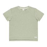 The Rylee + Cru Cove Essential Tee by Rylee & Cru is a light green, plain short-sleeve shirt featuring a crew neck and straight hem, adorned with a small white label at the bottom. It's perfect for pairing with tech shorts to create an easygoing play outfit.