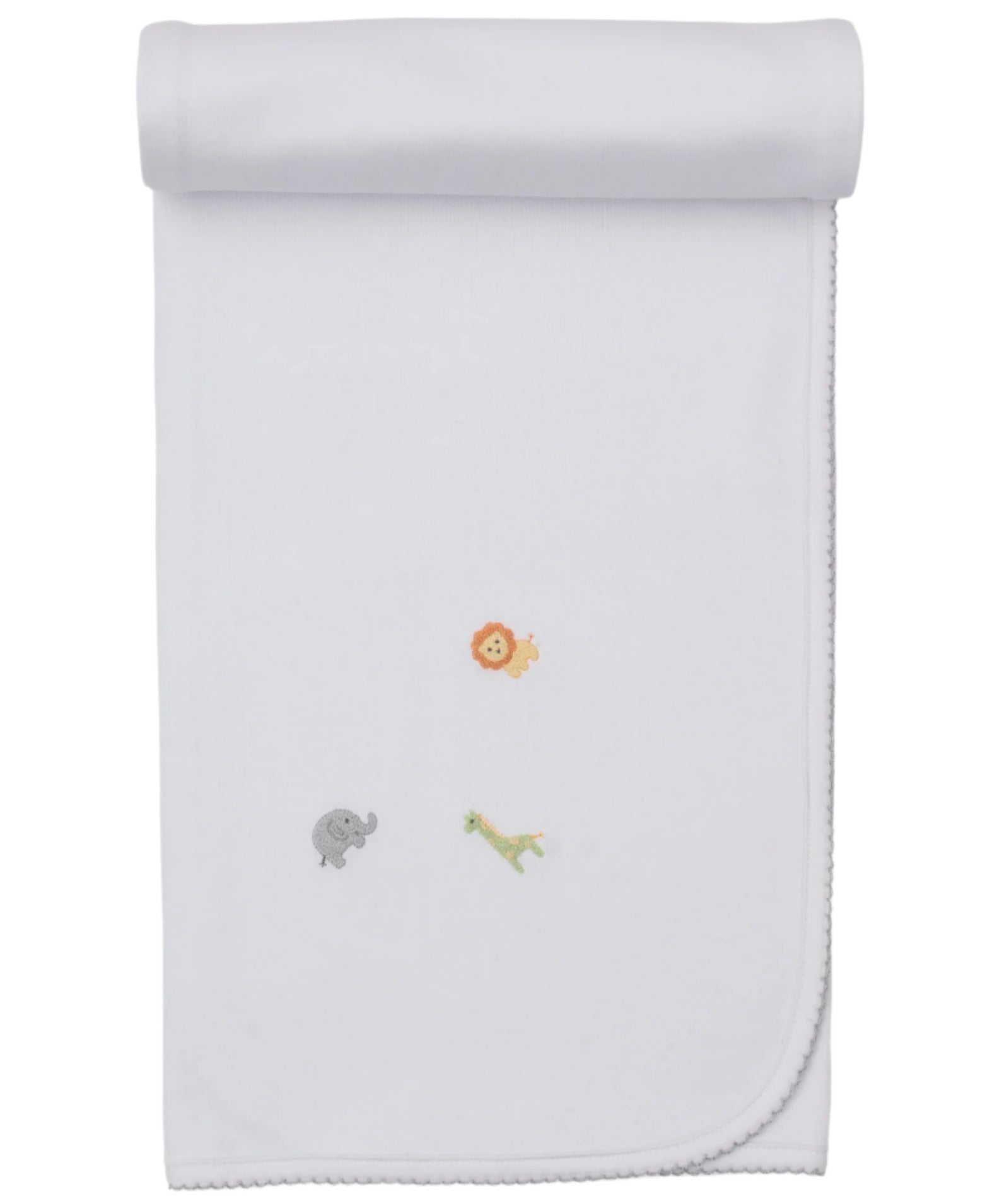 The Kissy Kissy Safari Wild Hand Emb. Blanket is a white Pima cotton baby blanket featuring safari-themed embroidery with a lion, elephant, and giraffe in the center.