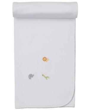 The Kissy Kissy Safari Wild Hand Emb. Blanket is a white Pima cotton baby blanket featuring safari-themed embroidery with a lion, elephant, and giraffe in the center.