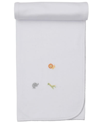 The Kissy Kissy Safari Wild Hand Emb. Blanket is a white Pima cotton baby blanket featuring safari-themed embroidery with a lion, elephant, and giraffe in the center.