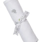 The Kissy Kissy Safari Wild Hand Emb. Blanket is a white Pima cotton baby blanket rolled and tied with a ribbon, featuring safari embroidery and an adorable gray elephant near the top.