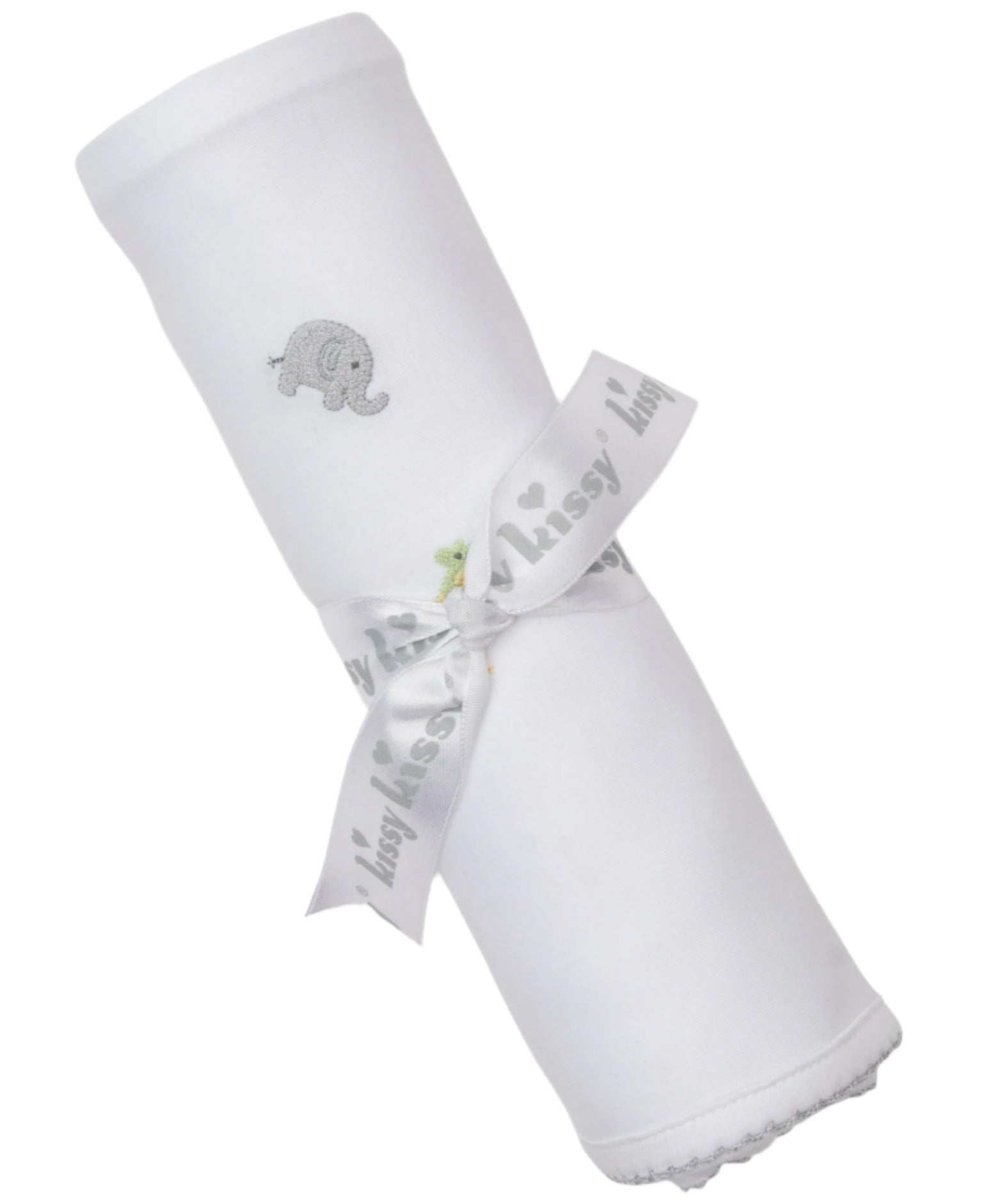 The Kissy Kissy Safari Wild Hand Emb. Blanket is a white Pima cotton baby blanket rolled and tied with a ribbon, featuring safari embroidery and an adorable gray elephant near the top.