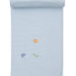 The Kissy Kissy Safari Wild Striped Blanket w/ Hand Emb is a light blue Pima cotton baby blanket, featuring hand-embroidered safari animals—lion, elephant, and giraffe—neatly rolled for display.