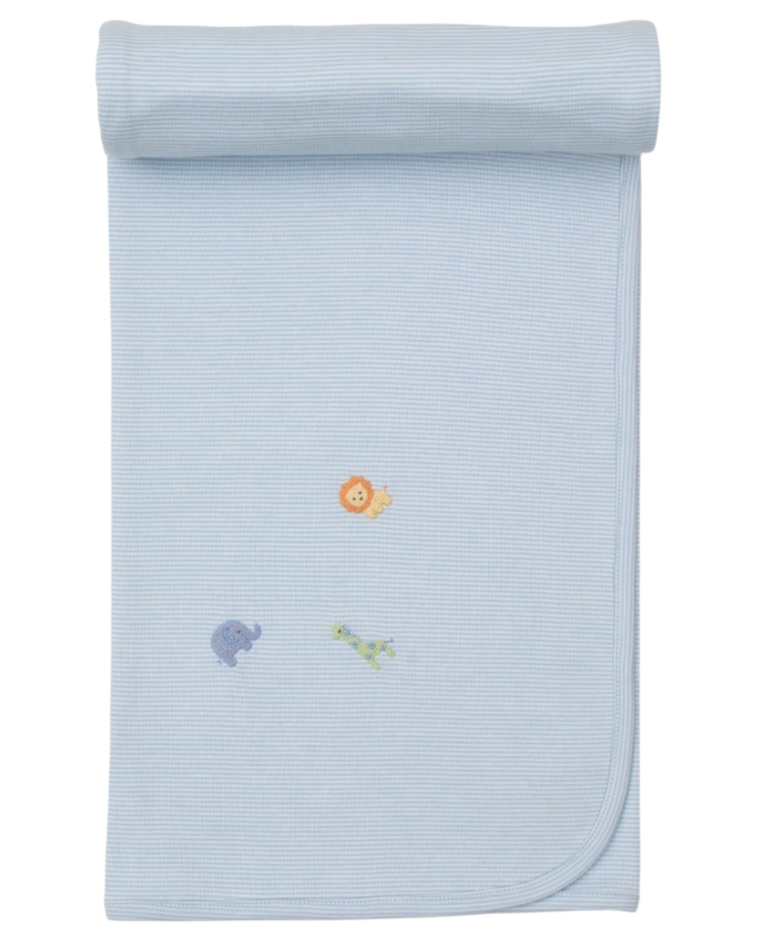 The Kissy Kissy Safari Wild Striped Blanket w/ Hand Emb is a light blue Pima cotton baby blanket, featuring hand-embroidered safari animals—lion, elephant, and giraffe—neatly rolled for display.