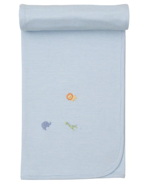 The Kissy Kissy Safari Wild Striped Blanket w/ Hand Emb is a light blue Pima cotton baby blanket, featuring hand-embroidered safari animals—lion, elephant, and giraffe—neatly rolled for display.