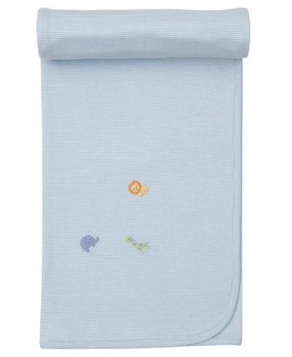 The Kissy Kissy Safari Wild Striped Blanket w/ Hand Emb is a light blue Pima cotton baby blanket, featuring hand-embroidered safari animals—lion, elephant, and giraffe—neatly rolled for display.