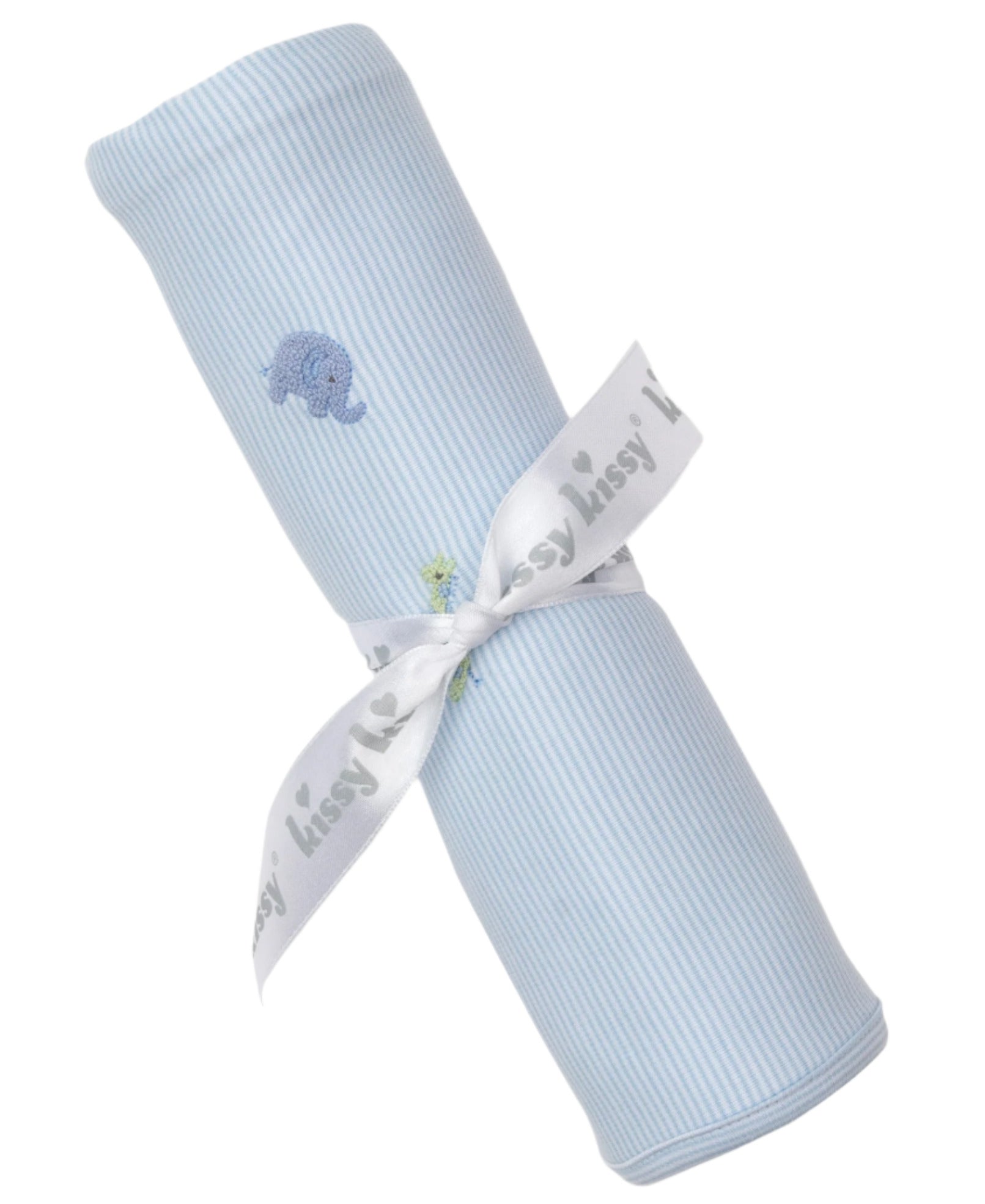 The Kissy Kissy Safari Wild Striped Blanket w/ Hand Emb is a light blue striped Pima cotton baby blanket, rolled and tied with a white ribbon printed with "Kissy Kissy" in gray.