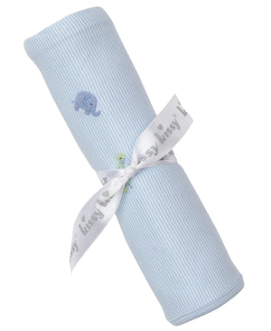 The Kissy Kissy Safari Wild Striped Blanket w/ Hand Emb is a light blue striped Pima cotton baby blanket, rolled and tied with a white ribbon printed with "Kissy Kissy" in gray.