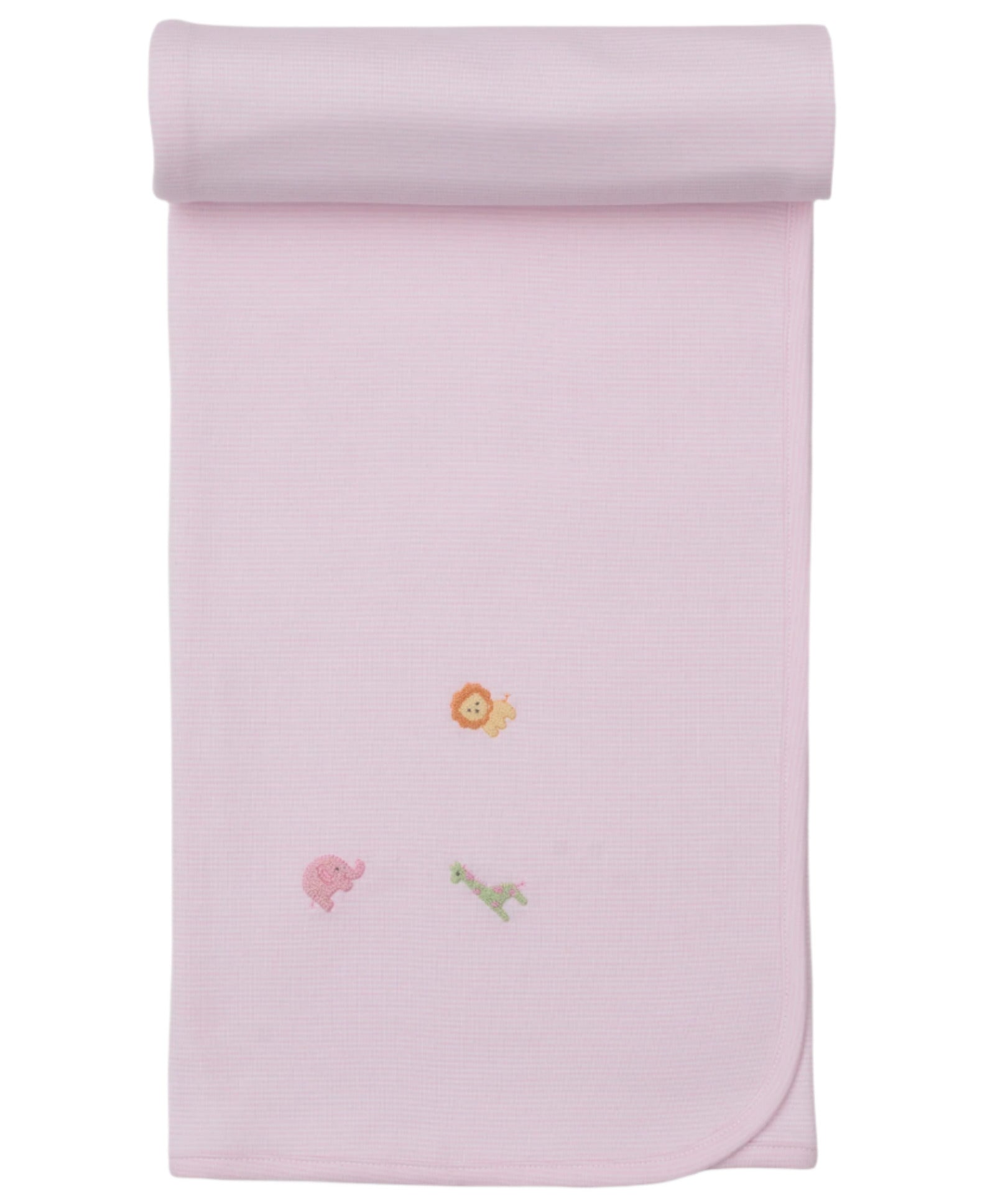 The Kissy Kissy Safari Wild Striped Blanket w/ Hand Emb is a light pink Pima cotton baby blanket featuring hand-embroidered safari animals like a lion, elephant, and giraffe, shown on a white background.