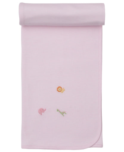 The Kissy Kissy Safari Wild Striped Blanket w/ Hand Emb is a light pink Pima cotton baby blanket featuring hand-embroidered safari animals like a lion, elephant, and giraffe, shown on a white background.