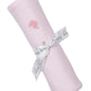 The Safari Wild Striped Blanket w/ Hand Emb by Kissy Kissy is a rolled light pink Pima cotton baby blanket with a small embroidered safari elephant, tied with a white “kissy kissy” ribbon.