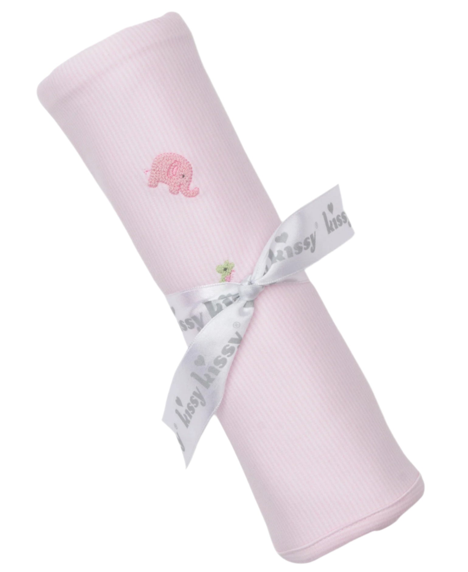 The Safari Wild Striped Blanket w/ Hand Emb by Kissy Kissy is a rolled light pink Pima cotton baby blanket with a small embroidered safari elephant, tied with a white “kissy kissy” ribbon.
