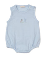 The Kissy Kissy Baby Boys' SCE Safari Party Striped Bubble is a light blue sleeveless romper made from soft Pima cotton, designed with subtle stripes, convenient shoulder snap buttons, and small embroidered safari animals on the chest.