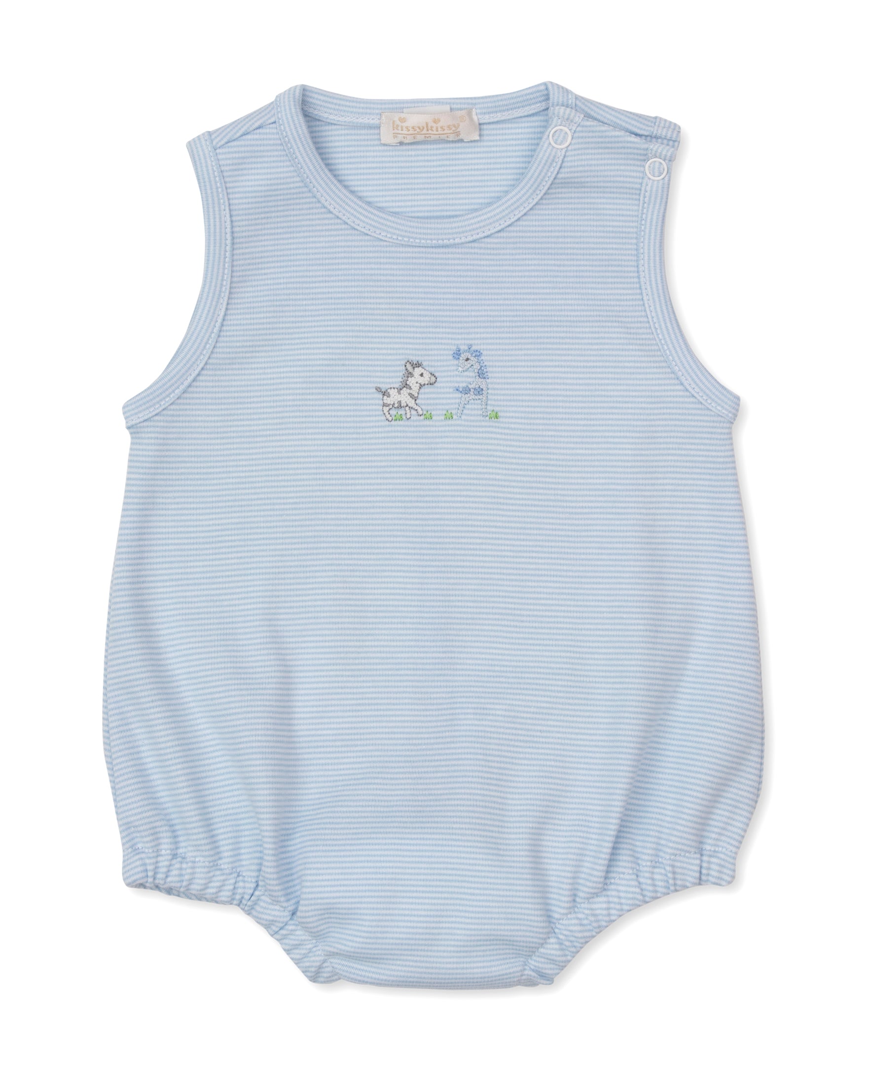 The Kissy Kissy Baby Boys' SCE Safari Party Striped Bubble is a light blue sleeveless romper made from soft Pima cotton, designed with subtle stripes, convenient shoulder snap buttons, and small embroidered safari animals on the chest.