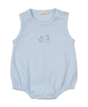 The Kissy Kissy Baby Boys' SCE Safari Party Striped Bubble is a light blue sleeveless romper made from soft Pima cotton, designed with subtle stripes, convenient shoulder snap buttons, and small embroidered safari animals on the chest.