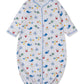 The Kissy Kissy Baby Ocean Antics Convertible Gown is made of white Pima cotton and features long sleeves, blue trim, and a colorful ocean-themed print with whales, crabs, turtles, and sea stars.