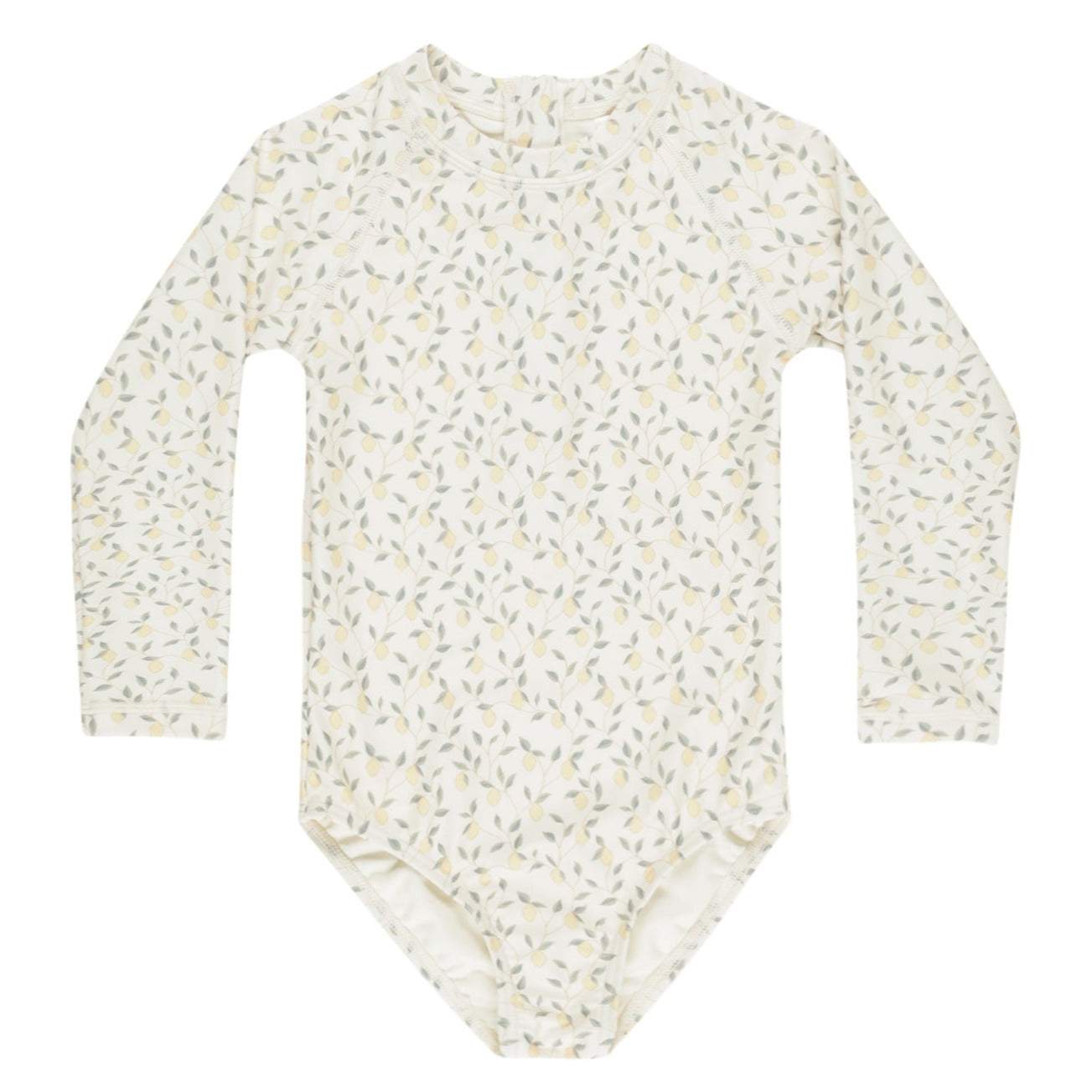 The Rylee & Cru Girls' Delphine Rashguard features long sleeves, a cream base with light green and yellow floral print, and provides sun protection for your little one. Shown laid flat on a white background.