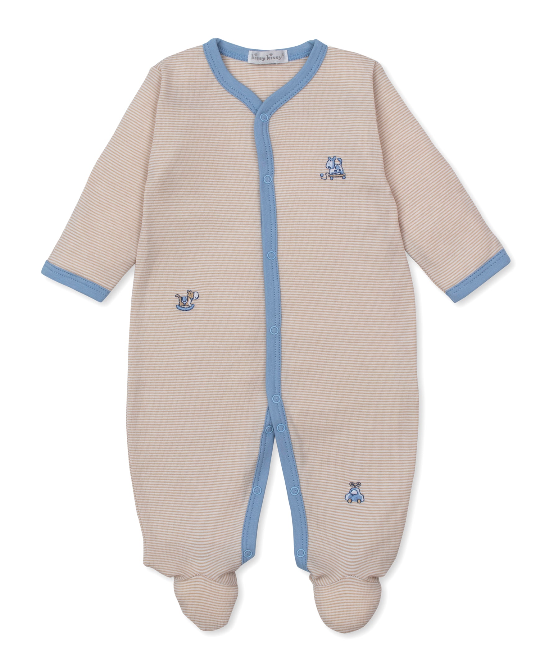 The Baby Boys' Vintage Toy Fun Footie by Kissy Kissy is a beige and white striped sleeper made from soft Peruvian cotton, featuring blue trim, small embroidered animals, long sleeves, and cozy covered feet—adorably displayed on a white background.