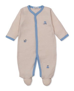 The Baby Boys' Vintage Toy Fun Footie by Kissy Kissy is a beige and white striped sleeper made from soft Peruvian cotton, featuring blue trim, small embroidered animals, long sleeves, and cozy covered feet—adorably displayed on a white background.