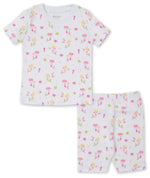 A white, short-sleeve, Pima cotton two-piece pajama set featuring a vibrant floral and under the sea print, complete with a matching shirt and shorts. The Kissy Kissy Under the Sea Printed Pajama Set by Kissy Kissy.