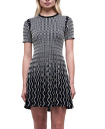 A woman wears the Simkhai Baylor Mini Dress, a short sleeve mini with a flared skirt and textured black fabric accented by white wavy lines, standing against a plain white background.