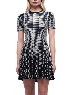 A woman wears the Simkhai Baylor Mini Dress, a short sleeve mini with a flared skirt and textured black fabric accented by white wavy lines, standing against a plain white background.