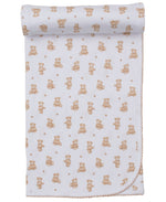 The Kissy Kissy Teddy Bear Time Printed Blanket features soft white Pima cotton with a charming teddy bear and flower pattern, finished with delicate scalloped edges.