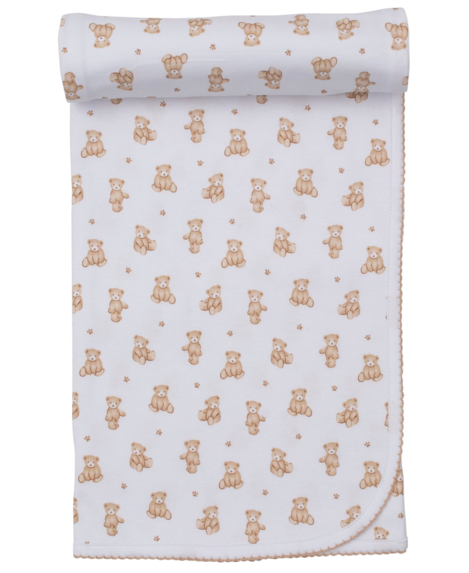 The Kissy Kissy Teddy Bear Time Printed Blanket features soft white Pima cotton with a charming teddy bear and flower pattern, finished with delicate scalloped edges.