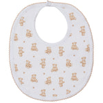 The Kissy Kissy Teddy Bear Time Printed Bib features tiny brown bears and paw prints on soft Pima cotton, ensuring comfort at mealtime. Designed with a convenient snap closure for easy use.