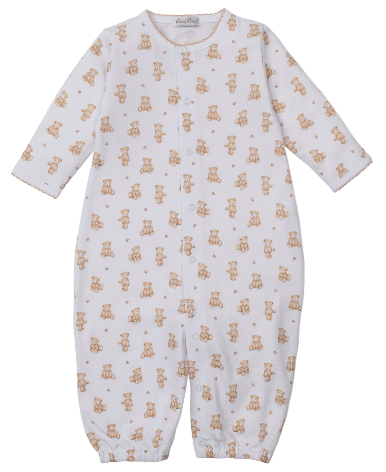The Kissy Kissy Baby Teddy Bear Time Convertible Gown is a white Pima cotton romper with long sleeves, legs, snap buttons, and a teddy bear print. It easily converts into a comfy gown for versatile comfort.