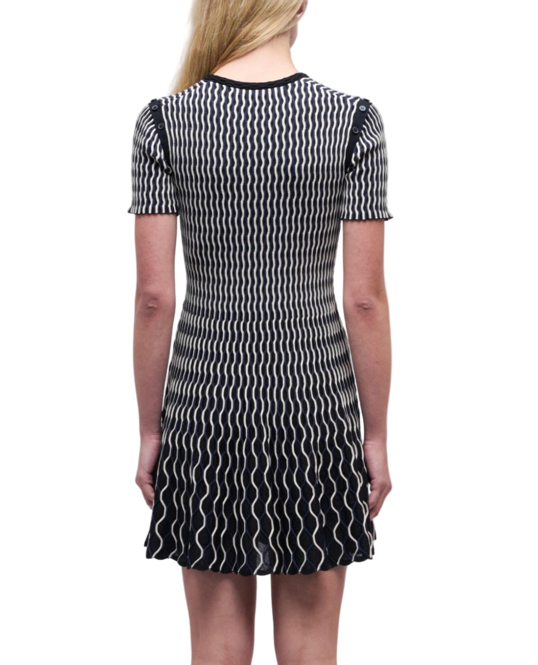 A person with long blonde hair is seen from the back wearing the Simkhai Baylor Mini Dress—a short-sleeve mini dress with a flared skirt and white wavy line pattern.