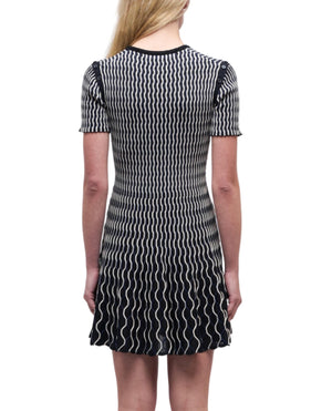 A person with long blonde hair is seen from the back wearing the Simkhai Baylor Mini Dress—a short-sleeve mini dress with a flared skirt and white wavy line pattern.