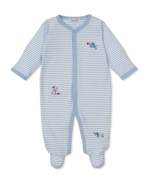 Dress your little one in the Kissy Kissy Baby Boys' Puppy Patch Footie, featuring light blue and white stripes, long sleeves, footed legs, and soft blue trim. This cozy Peruvian cotton sleeper is adorned with delicate hand-embroidered puppy and ball designs on the chest and legs for gentle comfort and sweet style.