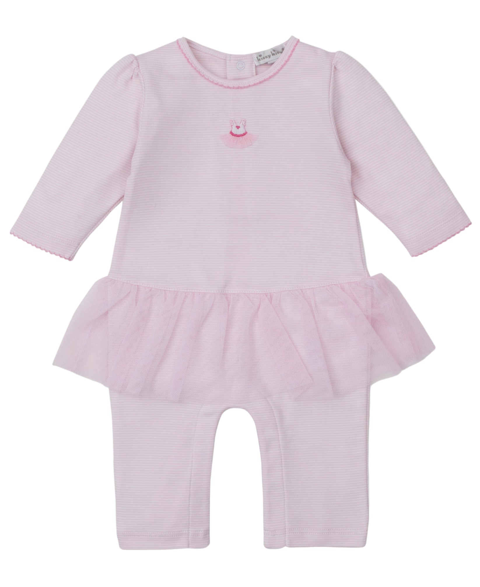 The Kissy Kissy Baby Girls' Ready to Dance Playsuit is a long-sleeve pink romper in soft Pima cotton, featuring a tutu skirt and an embroidered duck on the chest.
