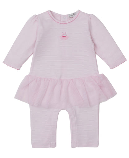The Kissy Kissy Baby Girls' Ready to Dance Playsuit is a long-sleeve pink romper in soft Pima cotton, featuring a tutu skirt and an embroidered duck on the chest.