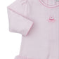 The Kissy Kissy Baby Girls' Ready to Dance Playsuit features a light pink long sleeve, soft Pima cotton with subtle stripes, a ballet dress embroidery on the chest, and an adorable tulle skirt detail.