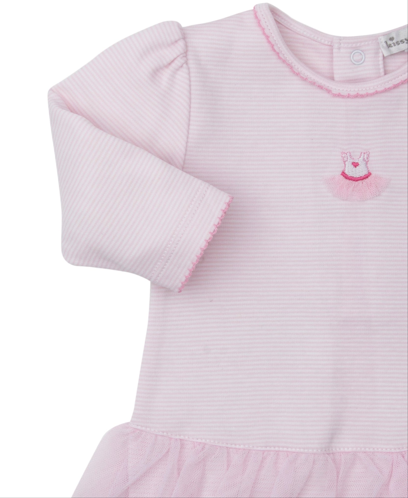 The Kissy Kissy Baby Girls' Ready to Dance Playsuit features a light pink long sleeve, soft Pima cotton with subtle stripes, a ballet dress embroidery on the chest, and an adorable tulle skirt detail.