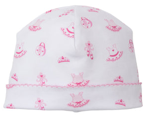 The Ready to Dance Hat by Kissy Kissy is a white Pima cotton baby hat with pink trim, featuring ballet-themed prints like dresses, ballerina shoes, tiaras, and purses—perfect for your little girl.