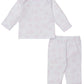 The Kissy Kissy Baby Cheerful Good Night Printed Footed Pant Set features a cozy white long-sleeve top and footed pants with charming pink cloud, sun, and elephant prints—perfect for little dreamers.