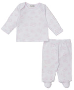 The Kissy Kissy Baby Cheerful Good Night Printed Footed Pant Set features a cozy white long-sleeve top and footed pants with charming pink cloud, sun, and elephant prints—perfect for little dreamers.