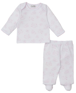 The Kissy Kissy Baby Cheerful Good Night Printed Footed Pant Set features a cozy white long-sleeve top and footed pants with charming pink cloud, sun, and elephant prints—perfect for little dreamers.