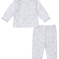The Kissy Kissy Baby Cheerful Good Night Printed Footed Pant Set features a white long-sleeve top and footed pants with light blue cloud and moon patterns—perfect for cozy nights.